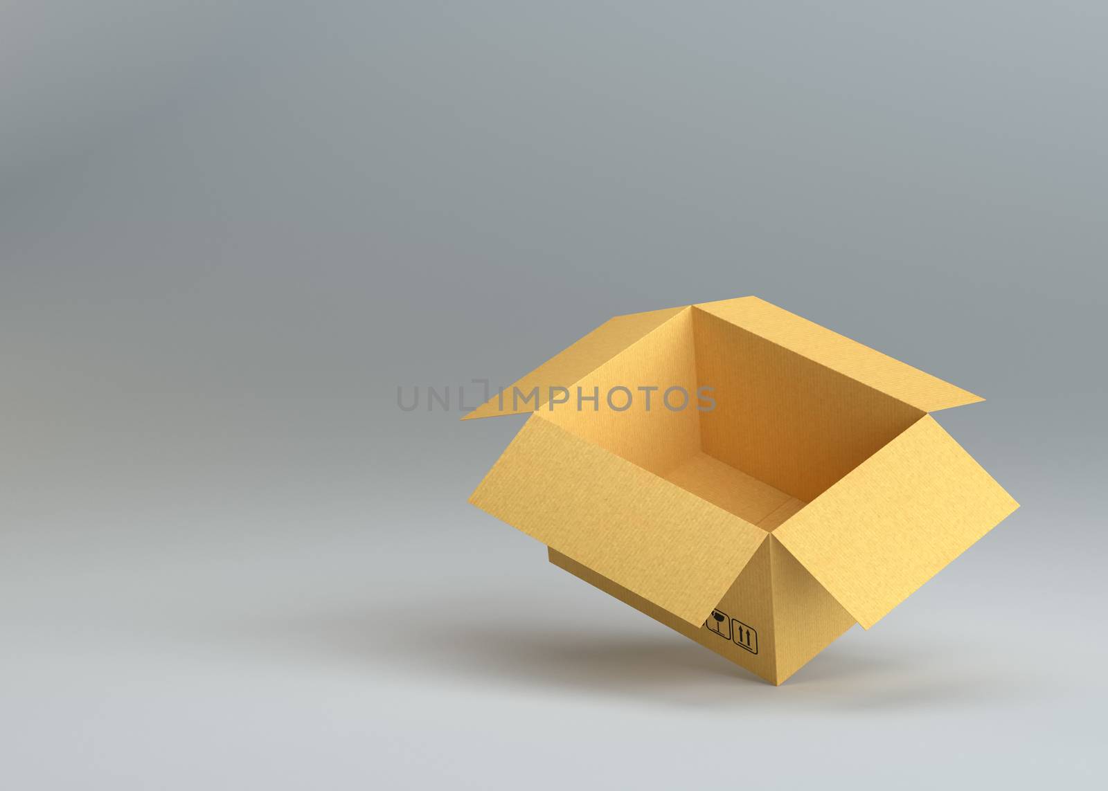 Empty open cardboard box on gray background. Template for design. 3D Rendering