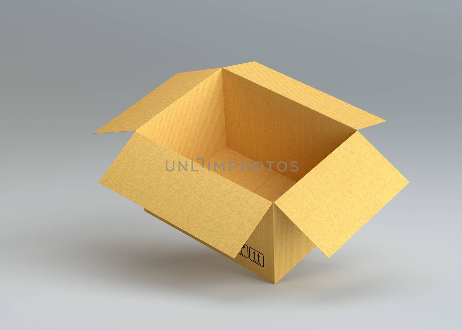 Empty open cardboard box on gray background. 3D Rendering