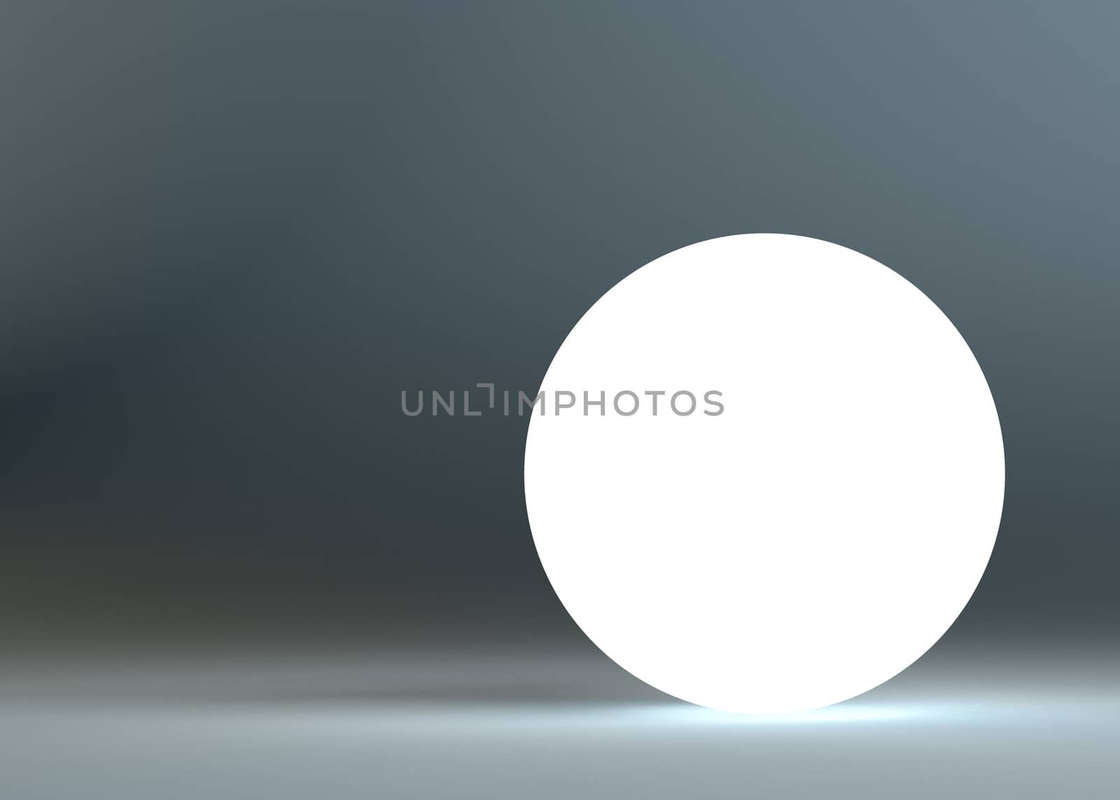 White glow sphere in gray dark background. 3d rendering. Empty circle for your content