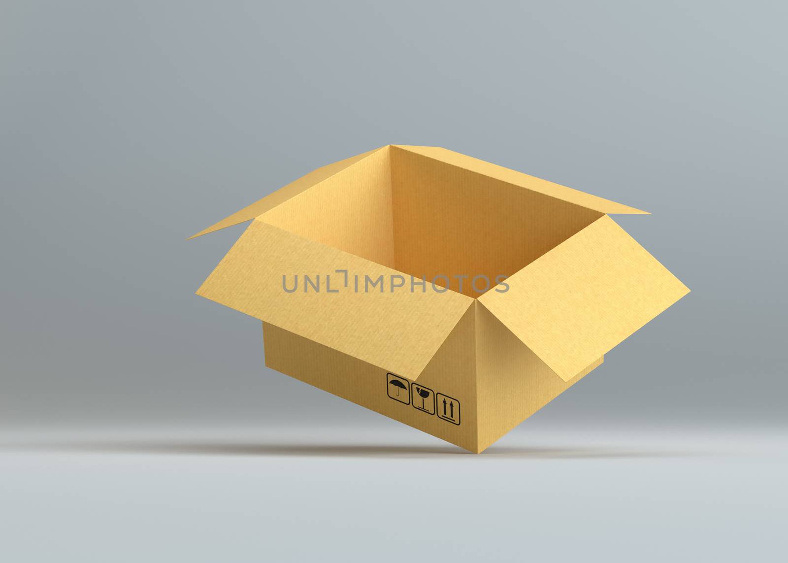 Empty open cardboard box on gray background by cherezoff