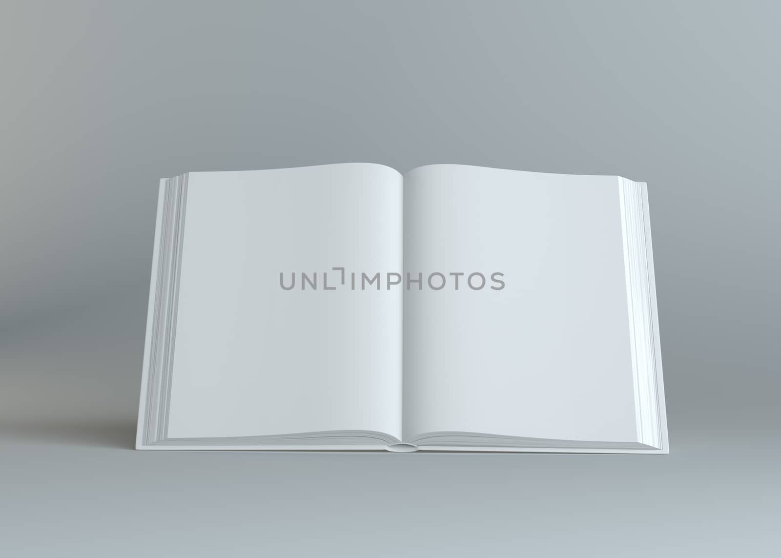 White empty open book on gray background. Template for your content. 3d illustration