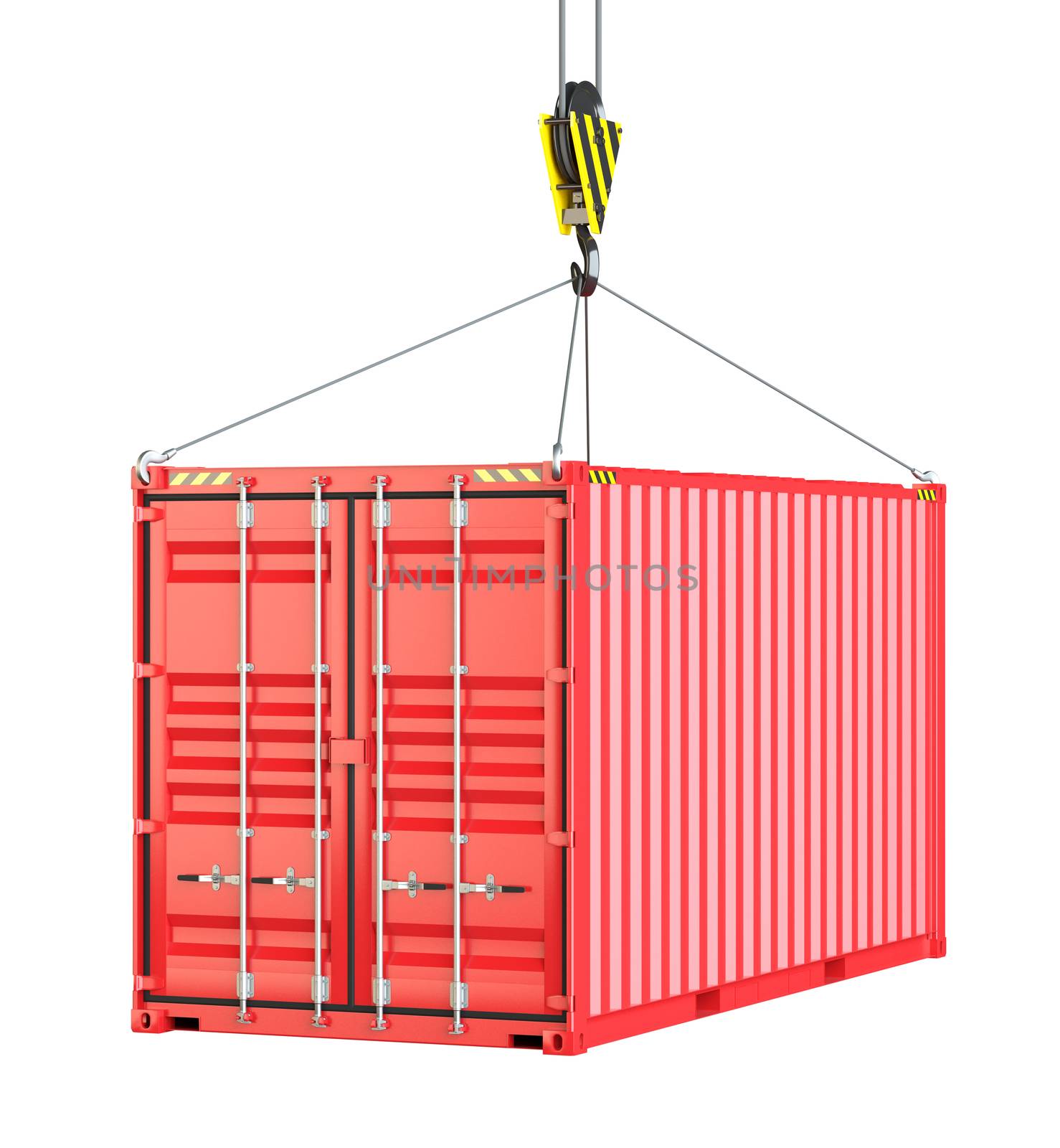Crane hook and red cargo container. Isolated on white background. 3D rendering