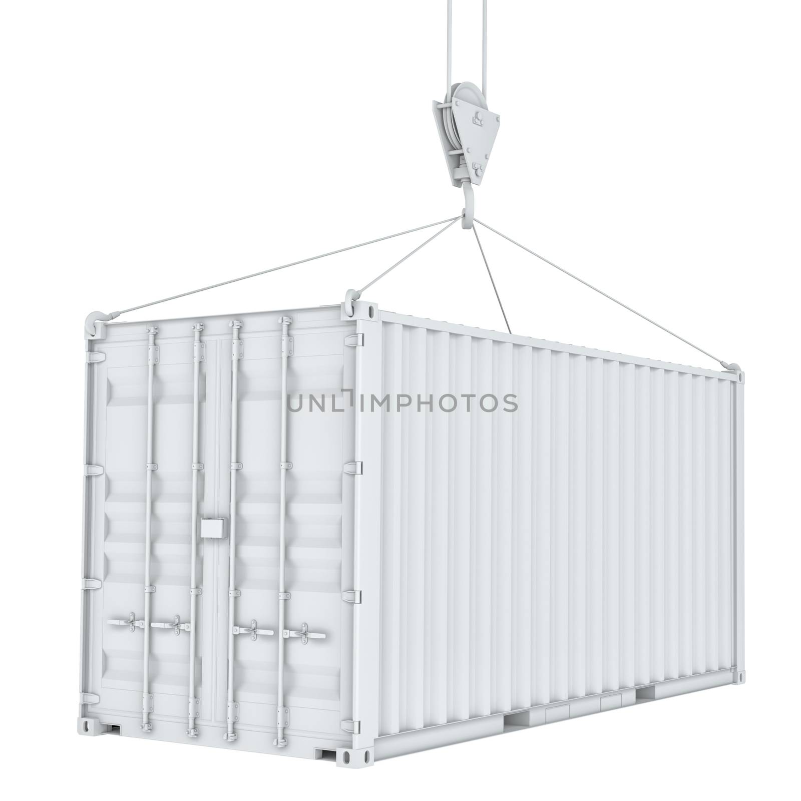 White cargo container on hook. Transportation concept. 3d rendering