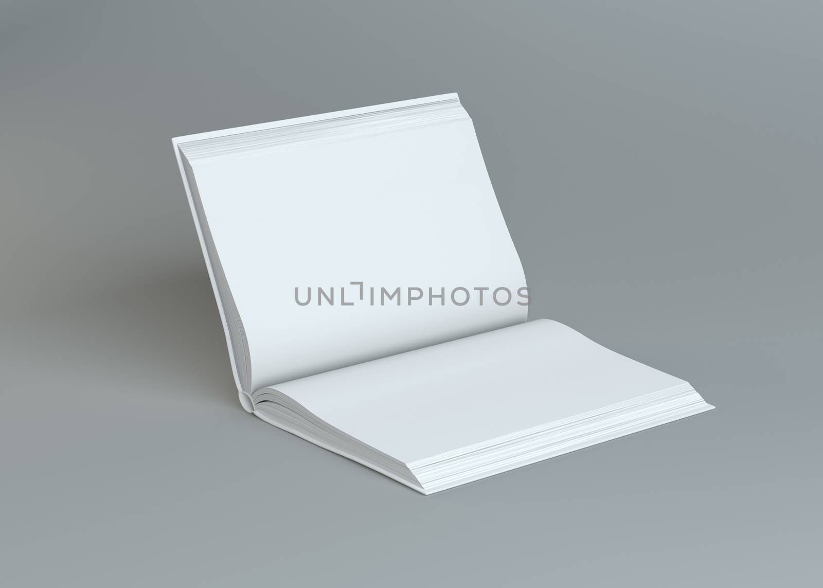 White empty open book on gray background. Template for your content. 3d illustration