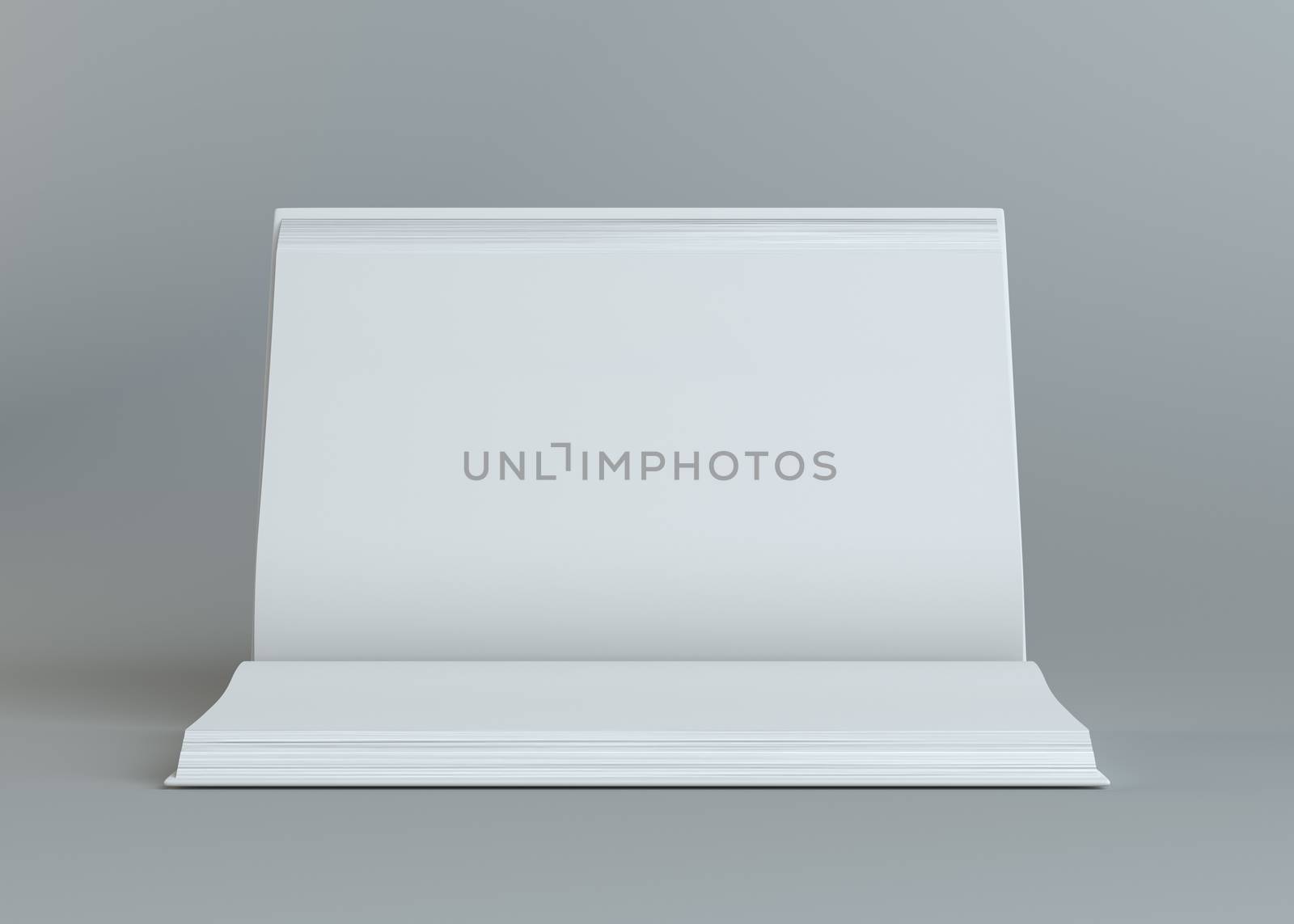 White empty open book on gray background. Template for your content. 3d illustration