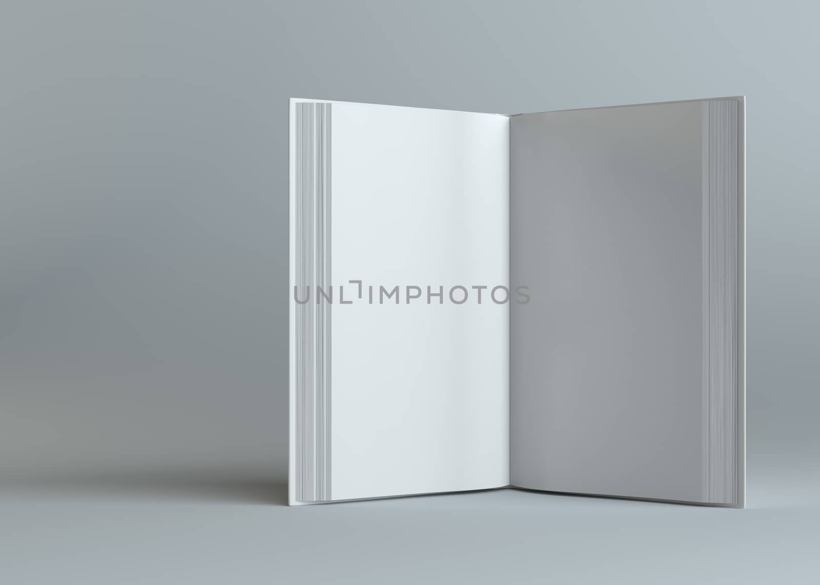 White empty open book on gray background. Template for your content. 3d illustration