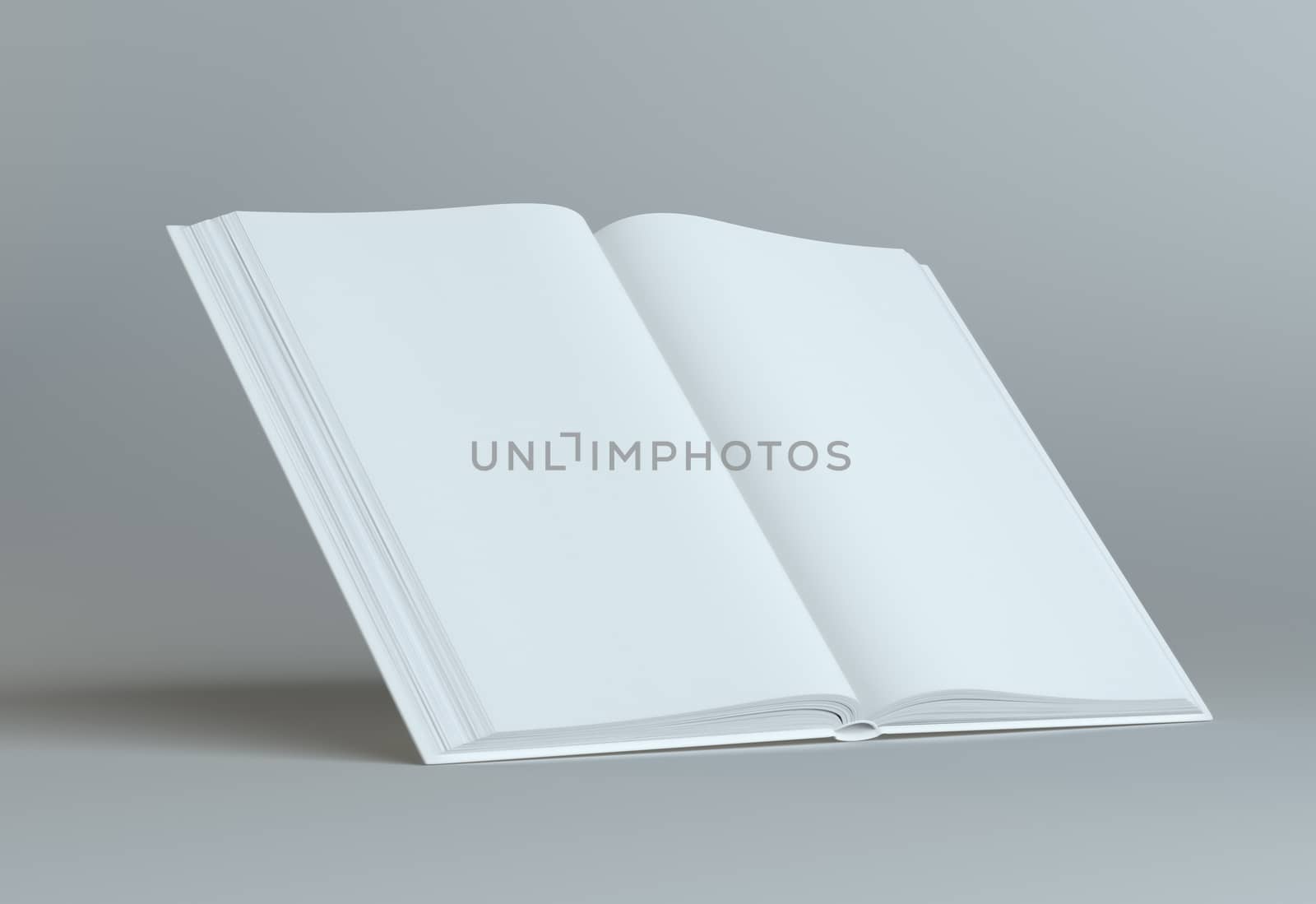 White empty open book on gray background. Template for your content. 3d illustration