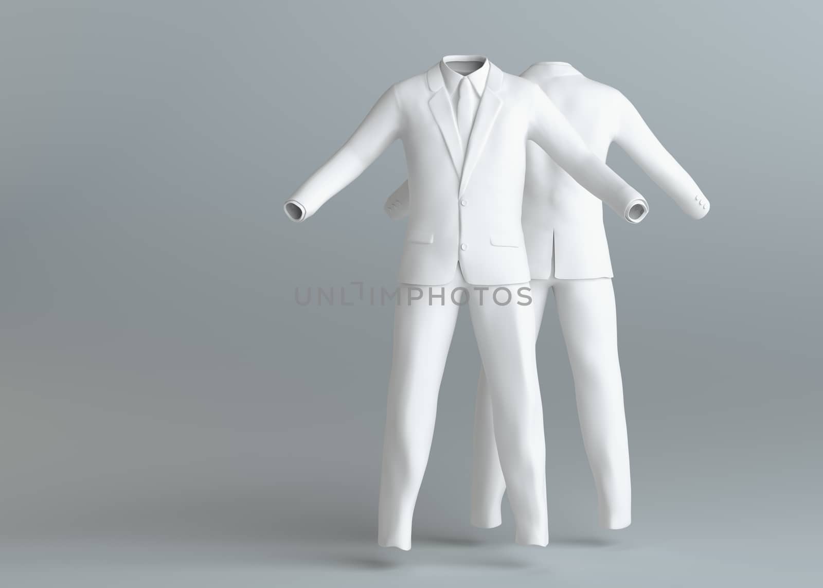White empty elegance suit without people on gray background. Template for your content. 3d illustration