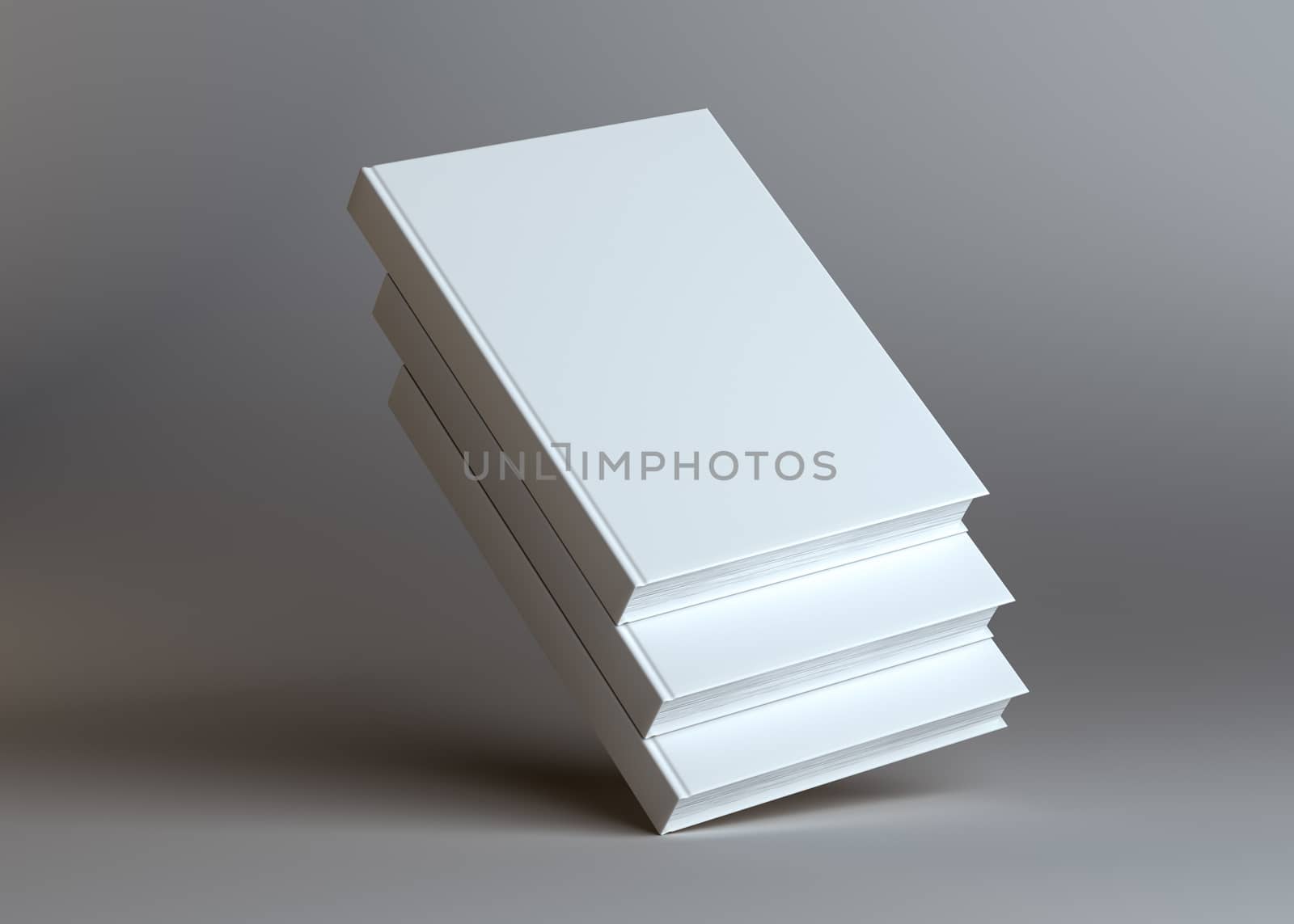 Blank three empty books on grey studio background. Empty place for your content. 3D Illustration