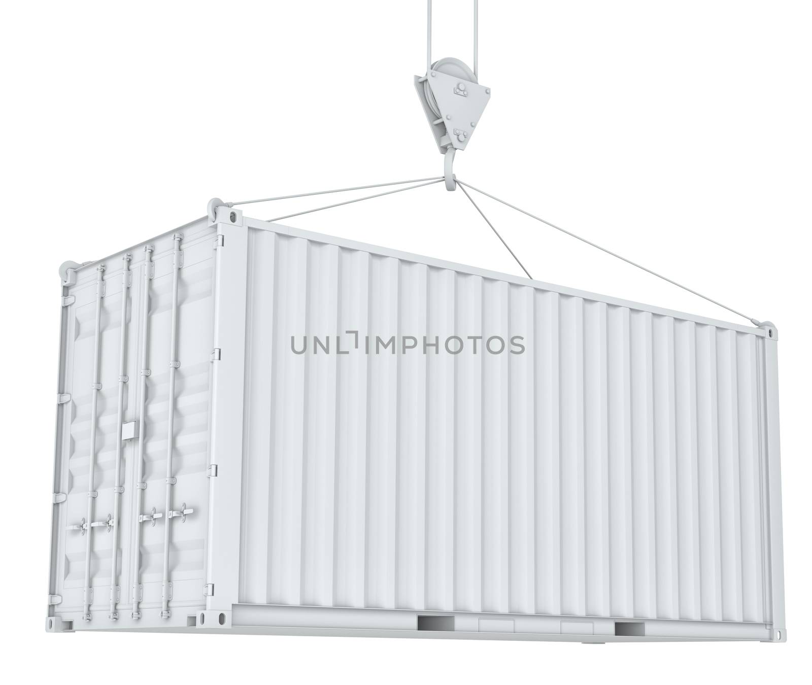 White cargo container on hook. Transportation concept. 3d rendering