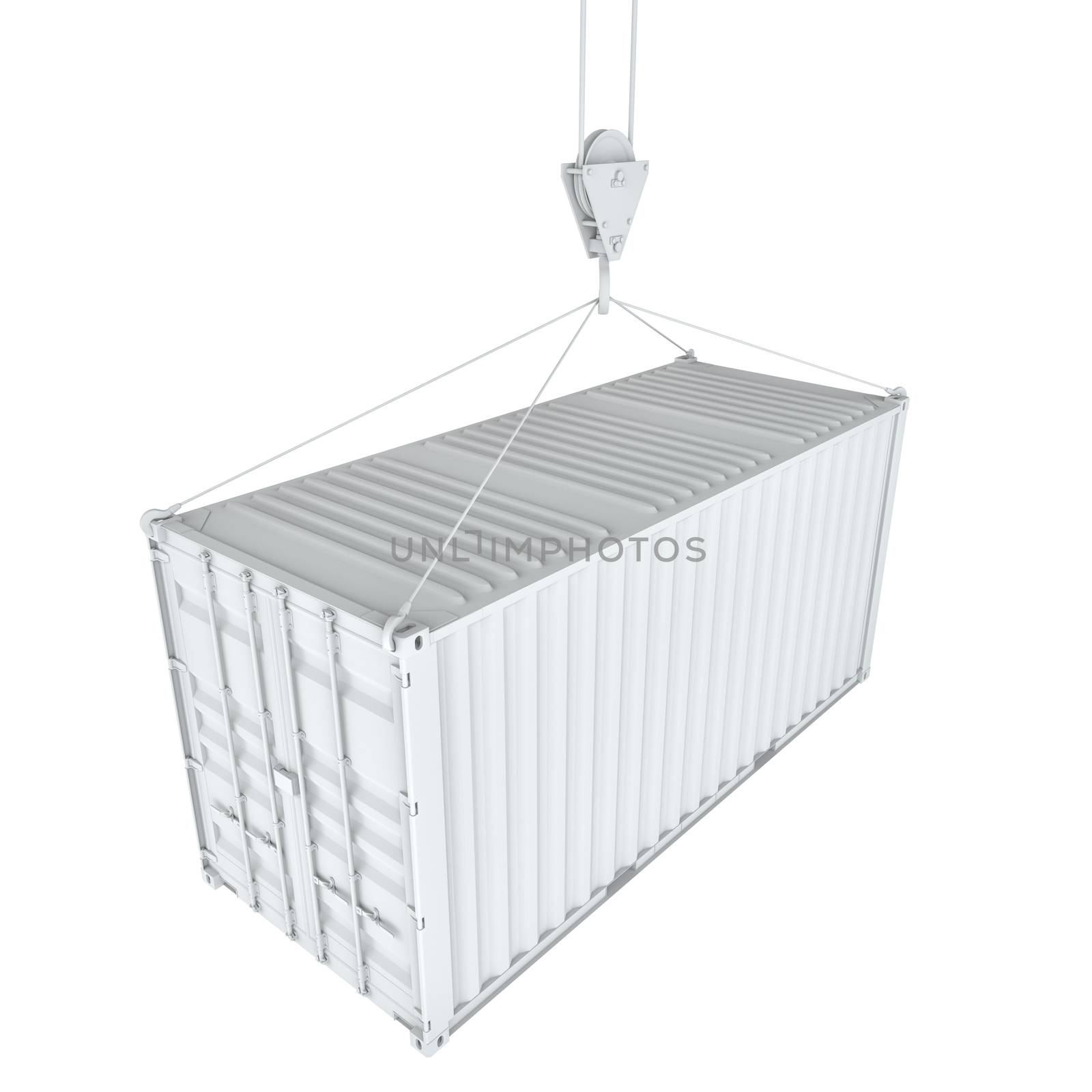 White cargo container on hook. Transportation concept. 3d rendering