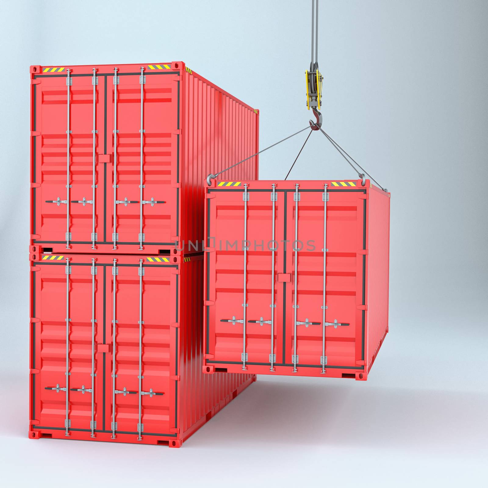 Shipping containers with crane hook. Transportation industry concept. 3d rendering