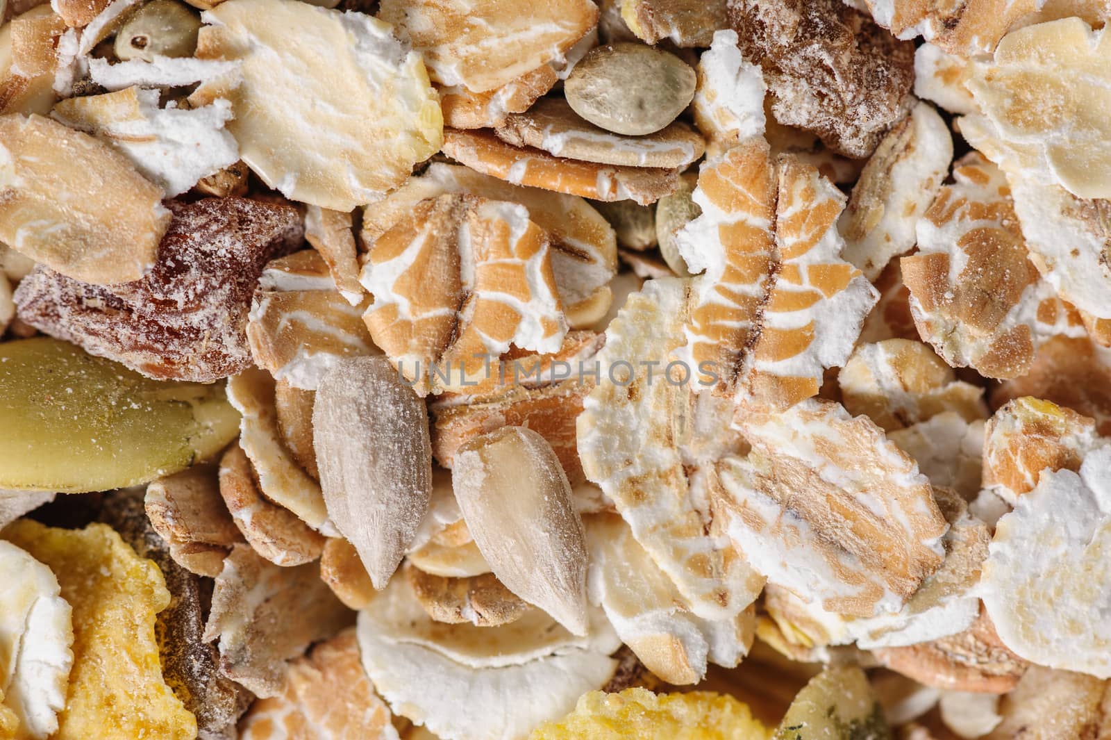 Dry muesli macro closeup shot from above, good as background