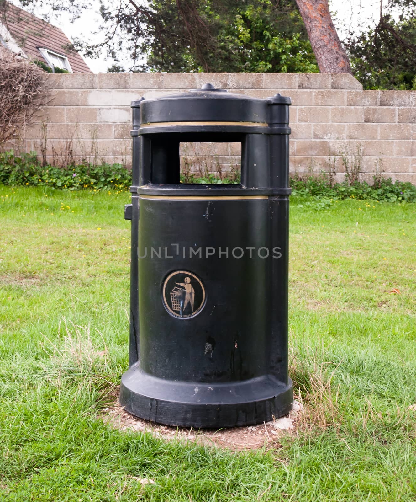 close up of park black waste bin; UK