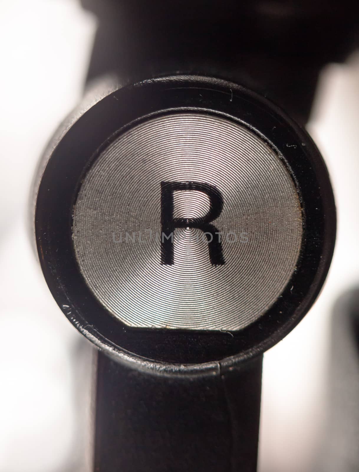 close up of right headphone letter R; UK