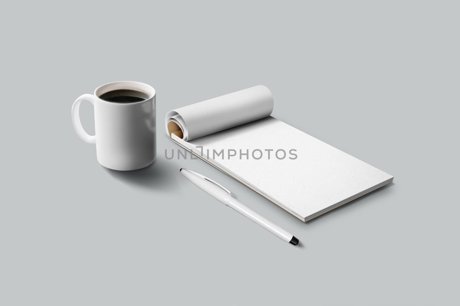 notebook with pen and coffee Cup on the surface.