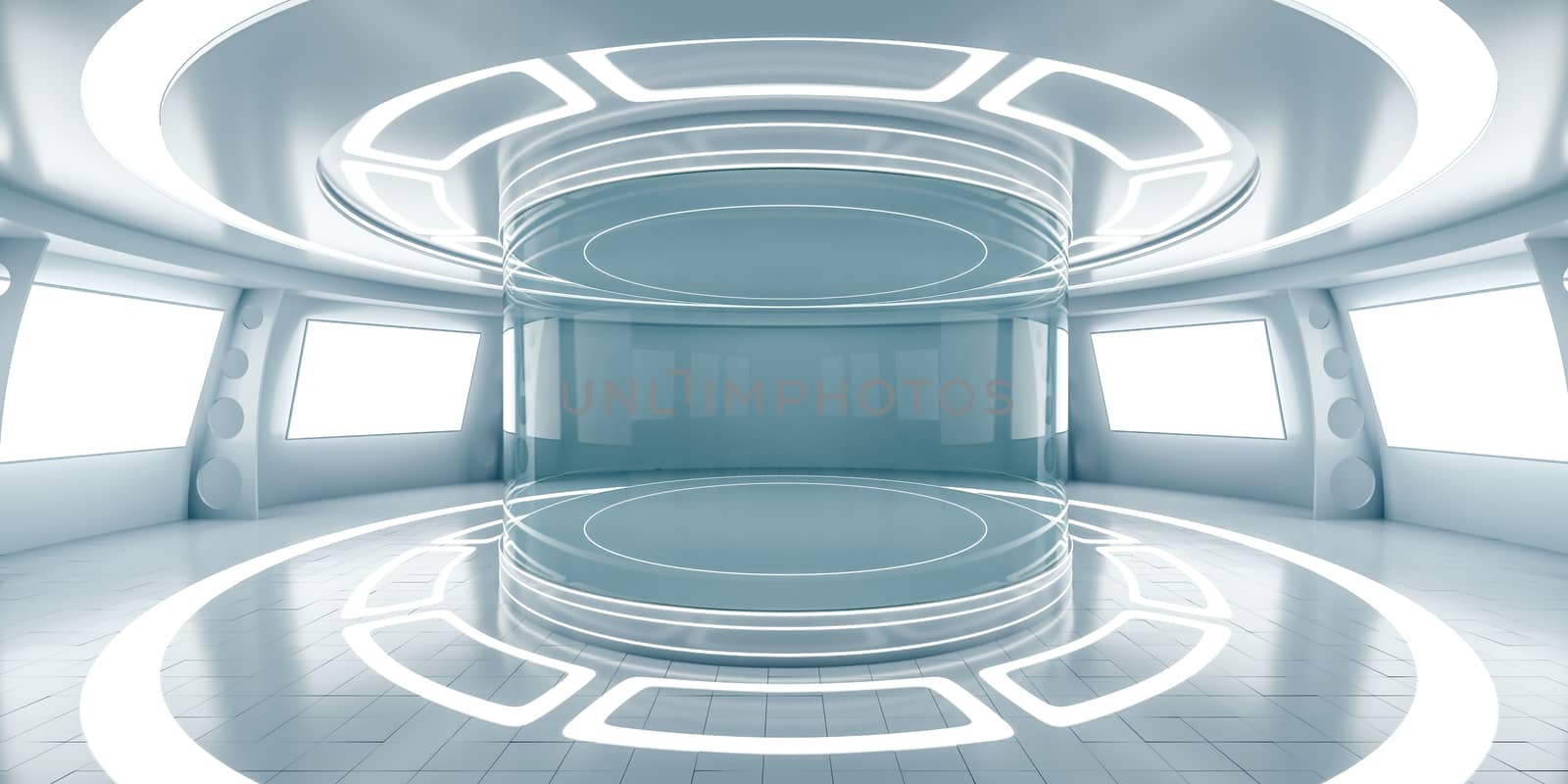 Abstract futuristic interior with glowing panels. 3D Rendering