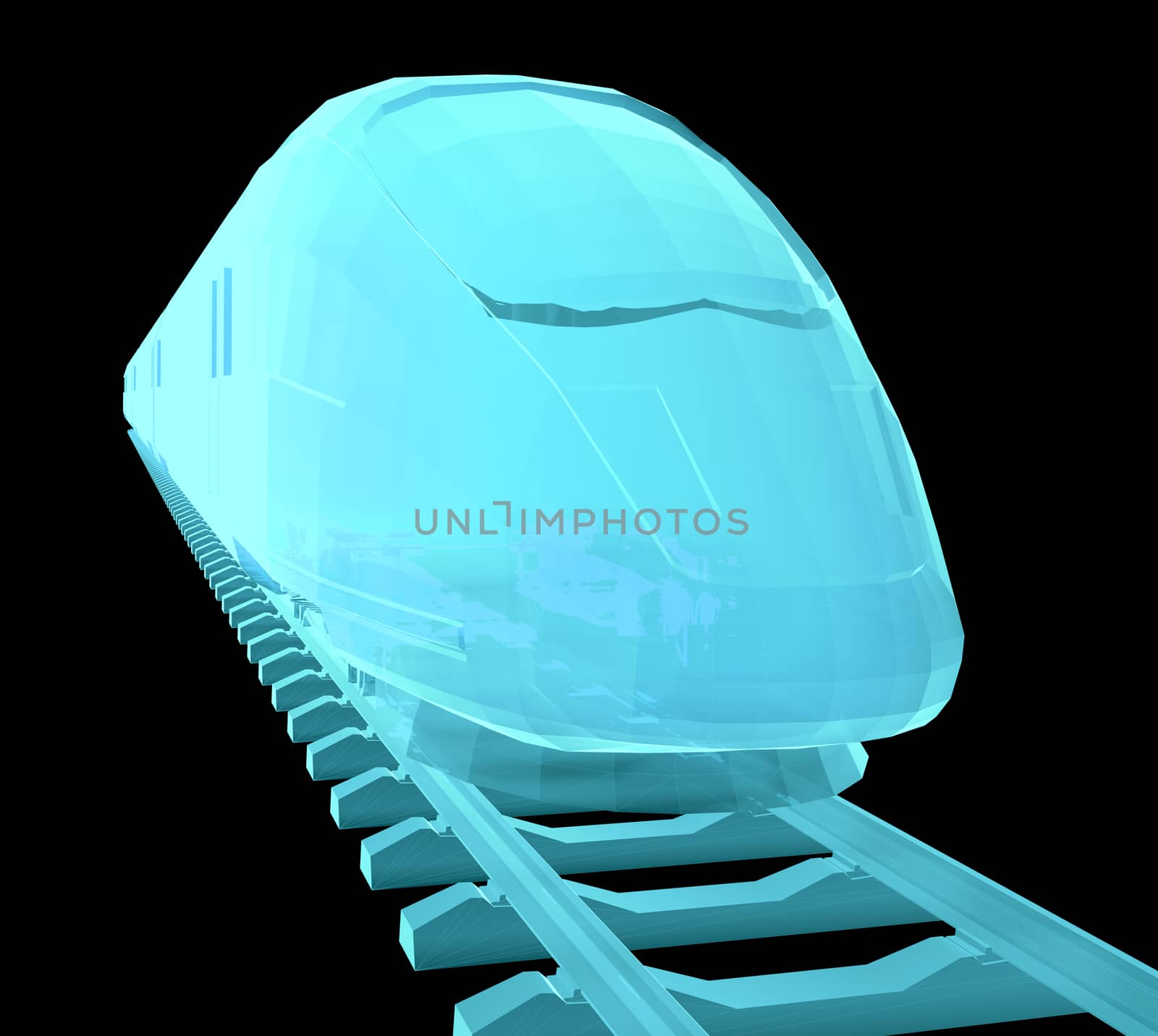 Glow blue high-speed train on black background. 3d illustration