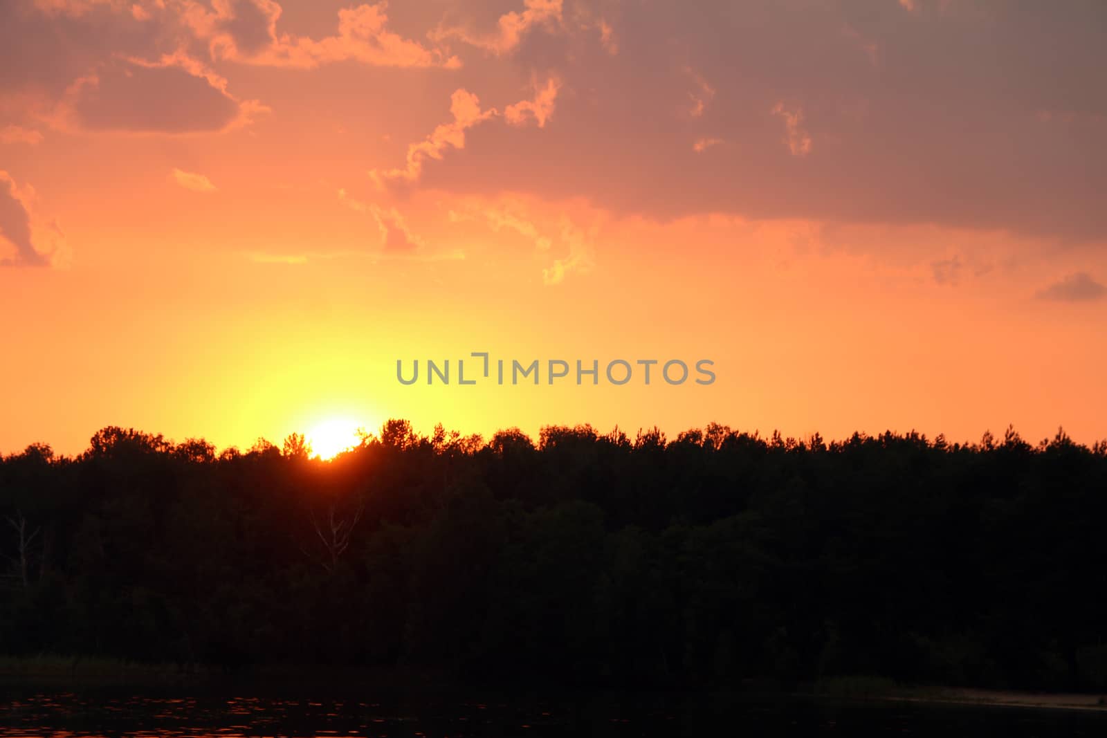 Thunderclouds sunset on forest and lake silhouette background. Nature summer sunlight wallpaper
