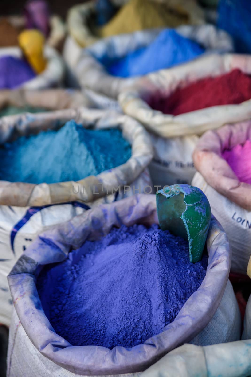 Bags with powder for paint, Chefchaouen. Morocco by johnnychaos