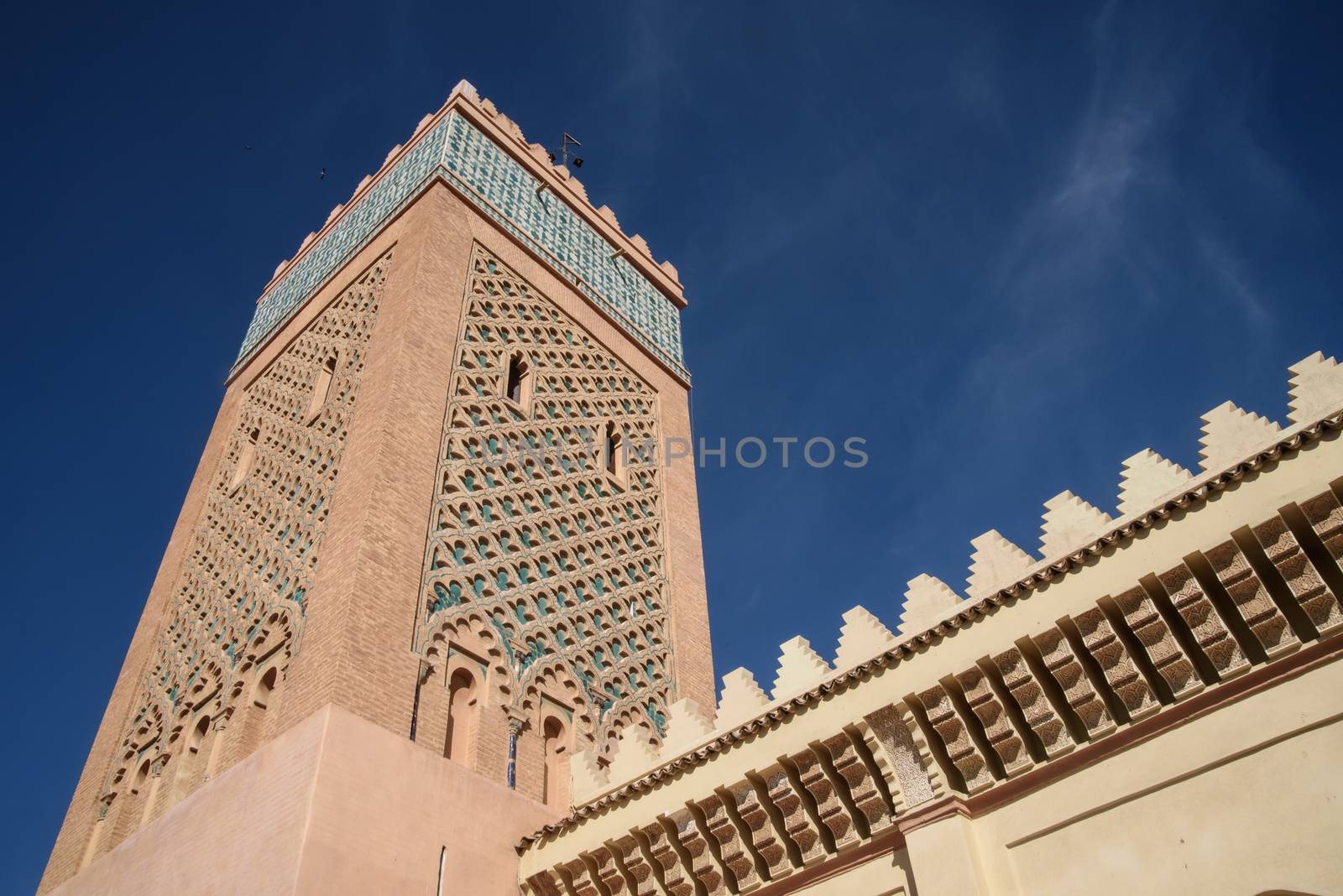 Mosque against the blue sky in Marrakesh, Morocco