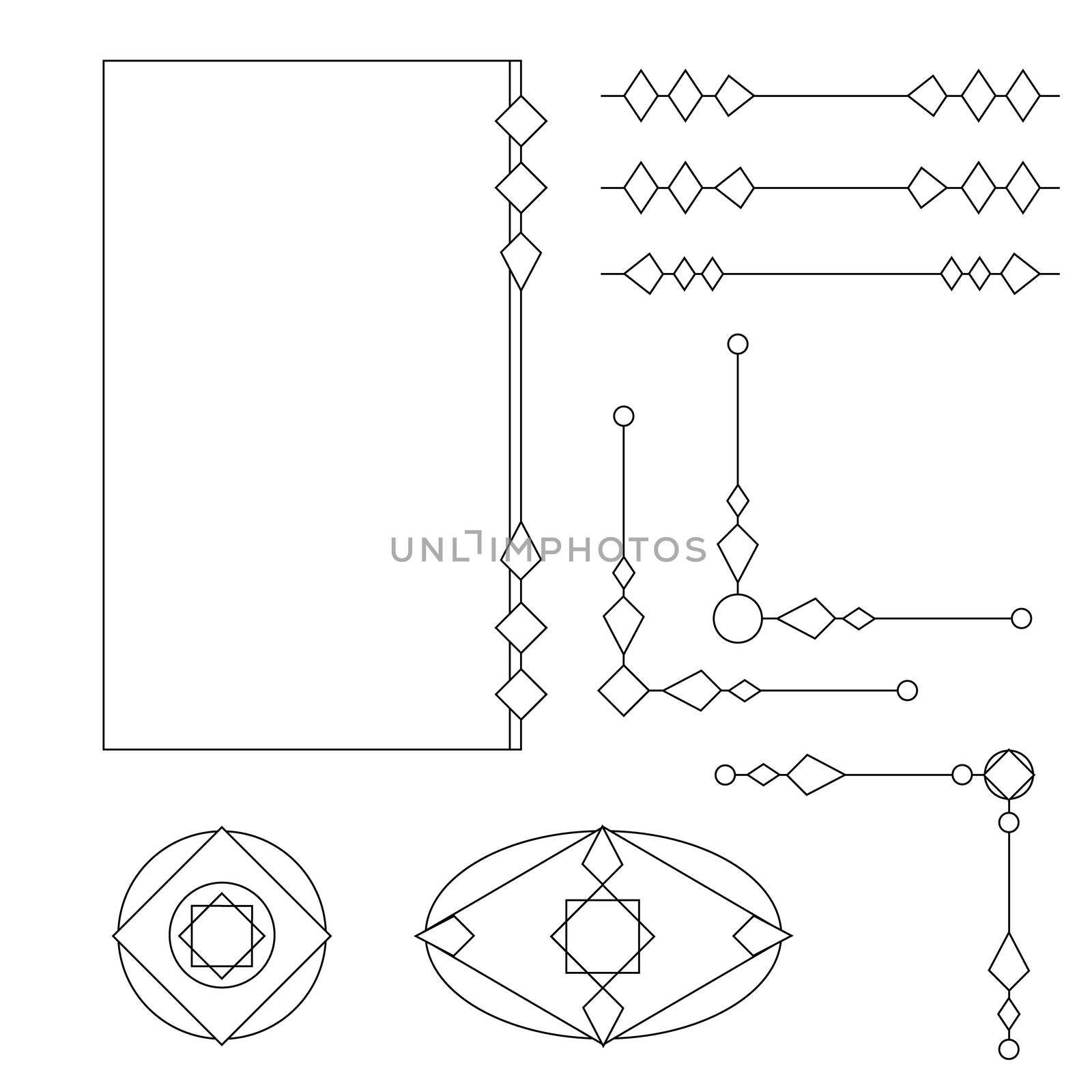  set of ornate line art frames and borders. Black outline elements for invitations or greeting cards.
