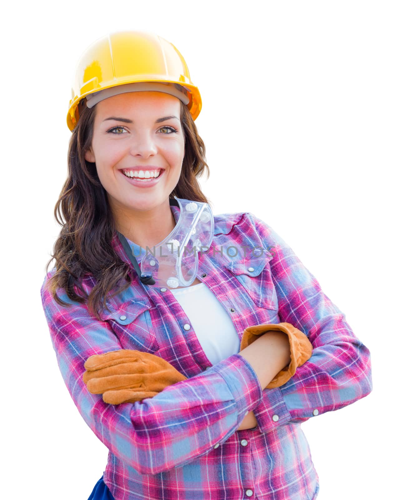 Young Attractive Female Construction Worker Wearing Gloves, Hard Hat and Protective Goggles Isolated on White.