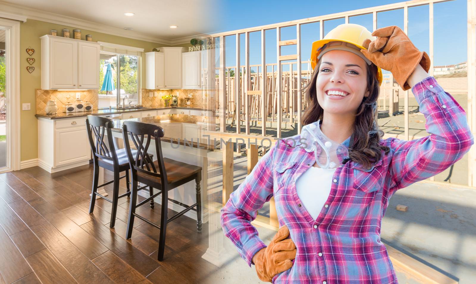 Female Construction Worker In Front of House Framing Gradating to Finished Kitchen Photo.