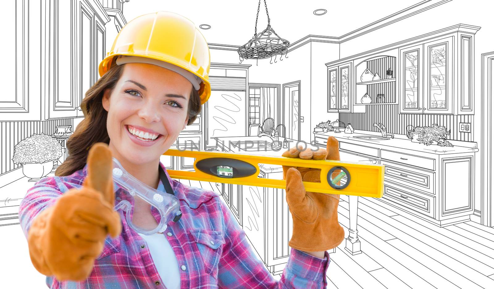 Female Construction Worker With Thumbs Up Holding Level In Front of Custom Kitchen Drawing