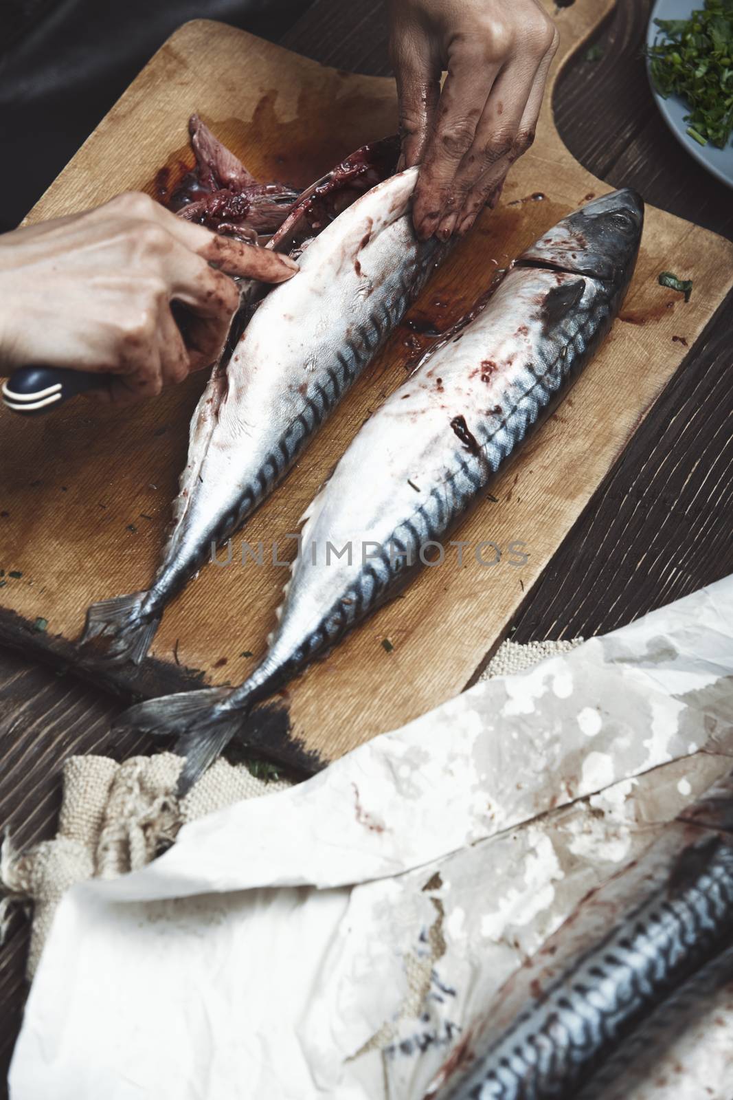 Woman preparing mackerel fish by Novic