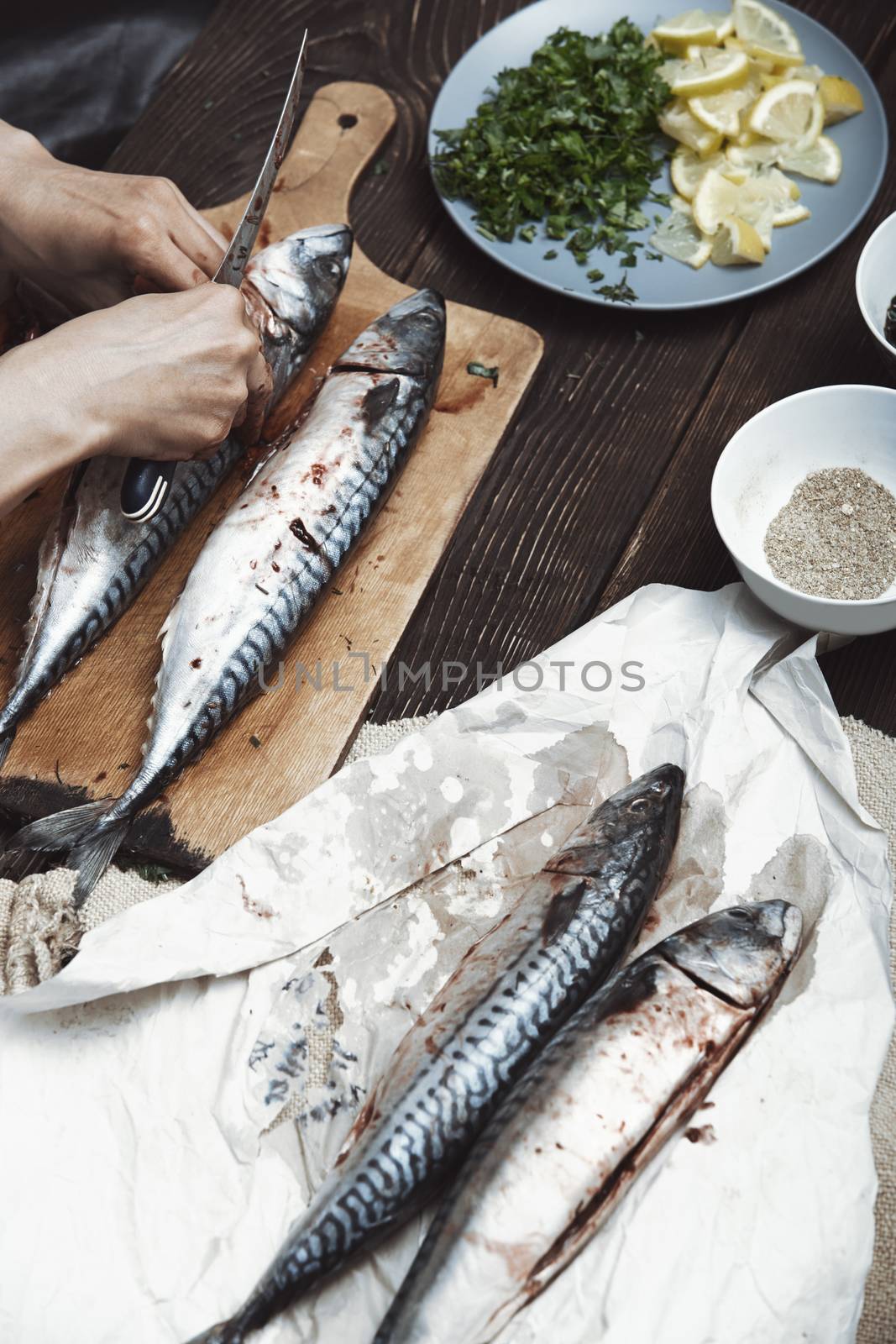 Woman preparing mackerel fish by Novic