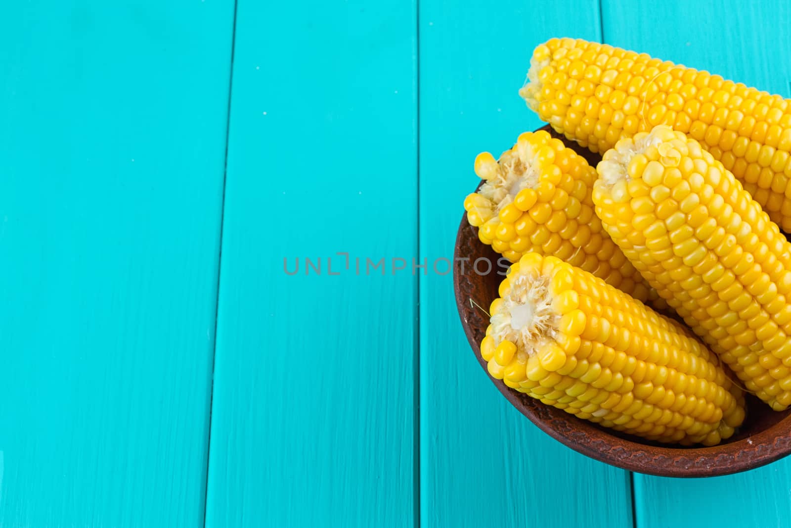 Boiled corn on a blue wood background