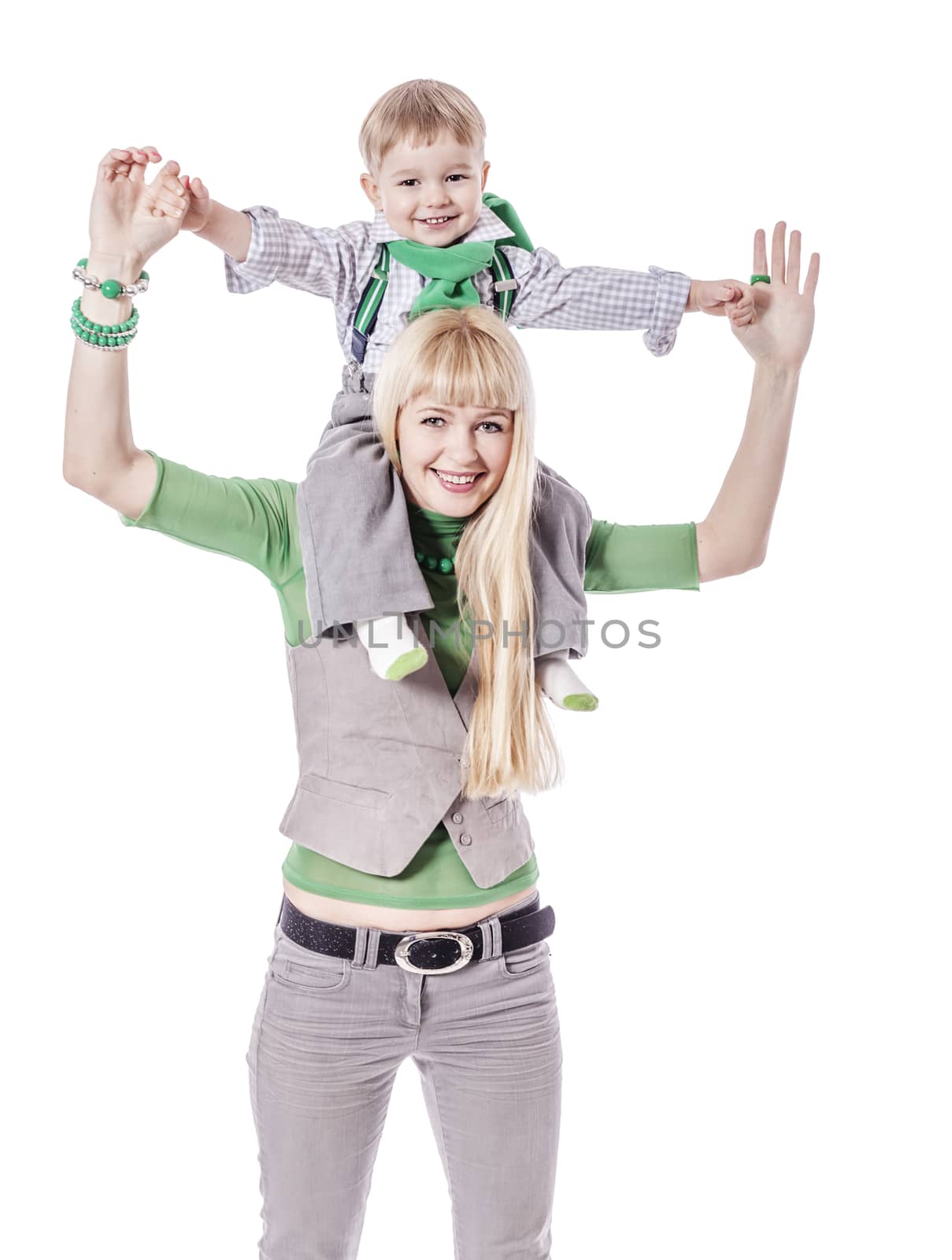 happy mother holding son on shoulders isolated on white