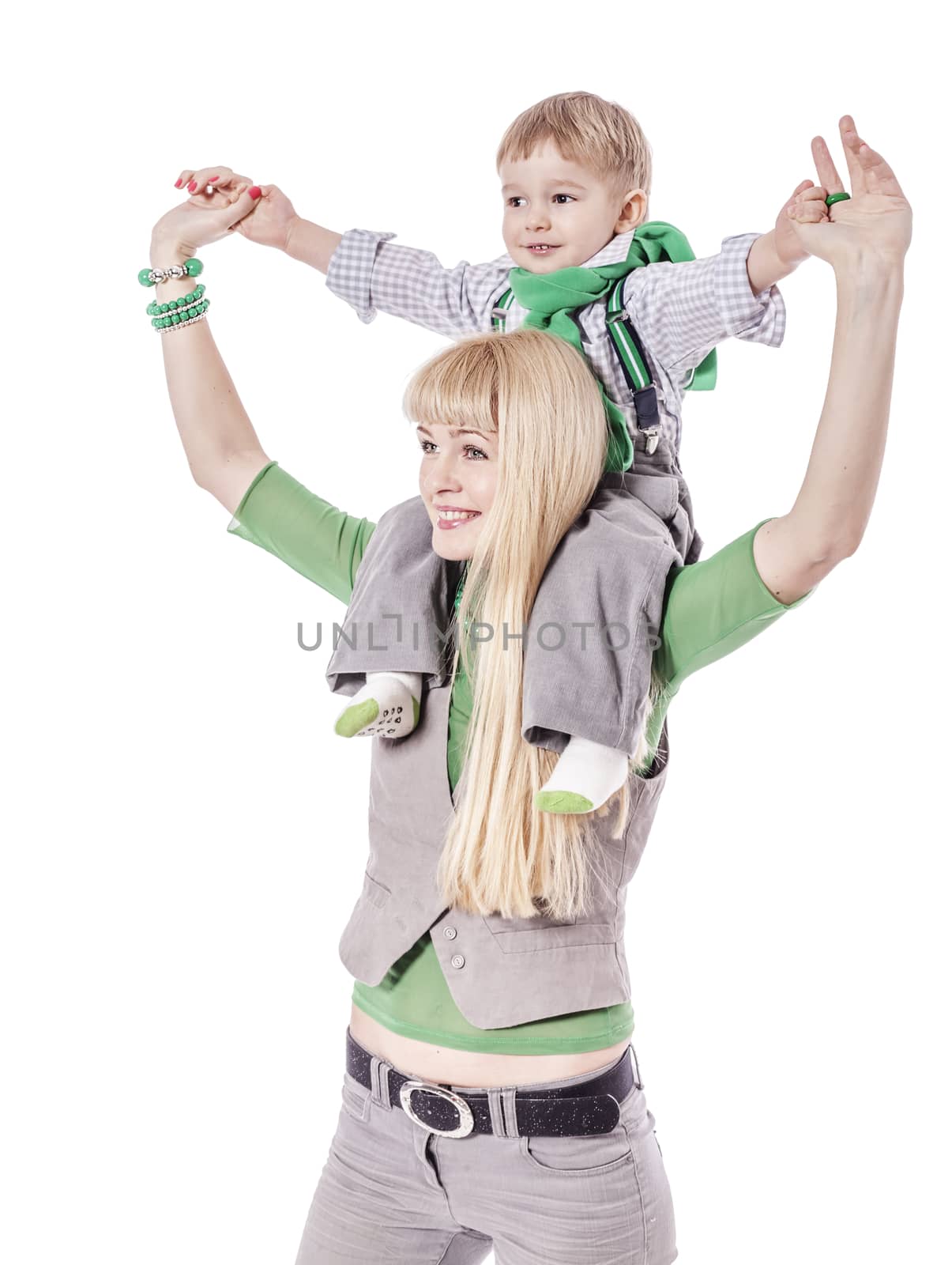 happy mother holding son on shoulders isolated on white