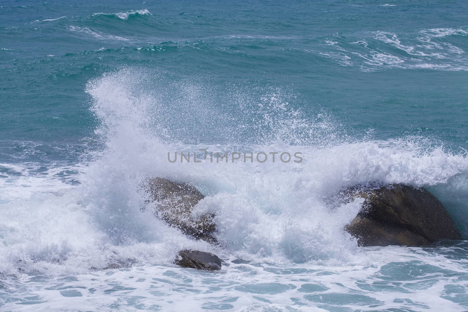 Stormy ocean waves beautiful seascape big powerful tide in action storm weather in a deep blue sea forces of nature natural disaster.ocean wave 