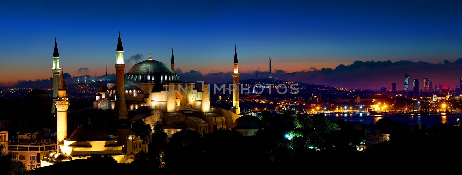 Panorama of Istanbul with the view on Hagia Sophia and modern district of the city, Turkey