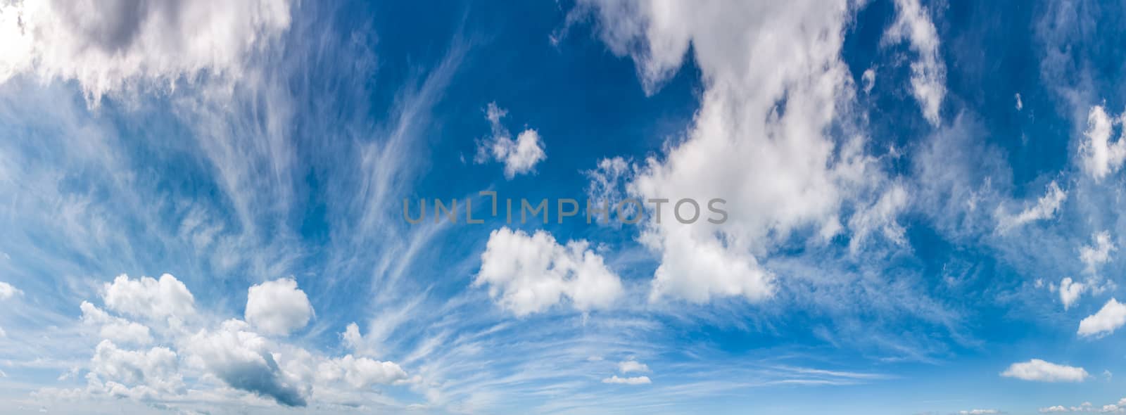 gorgeous cloudscape panorama on a blue summer sky. beautiful weather background with dynamic cloud arrangement