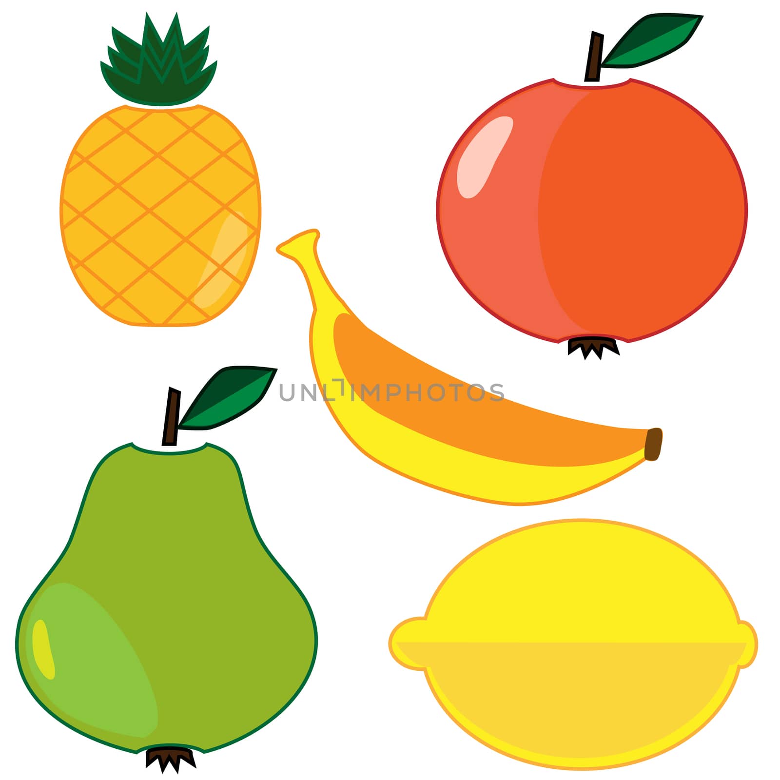 Set of different fruits. Flat icons in cartoon style on white background. Pineapple, pear, lemon, banana and apple.