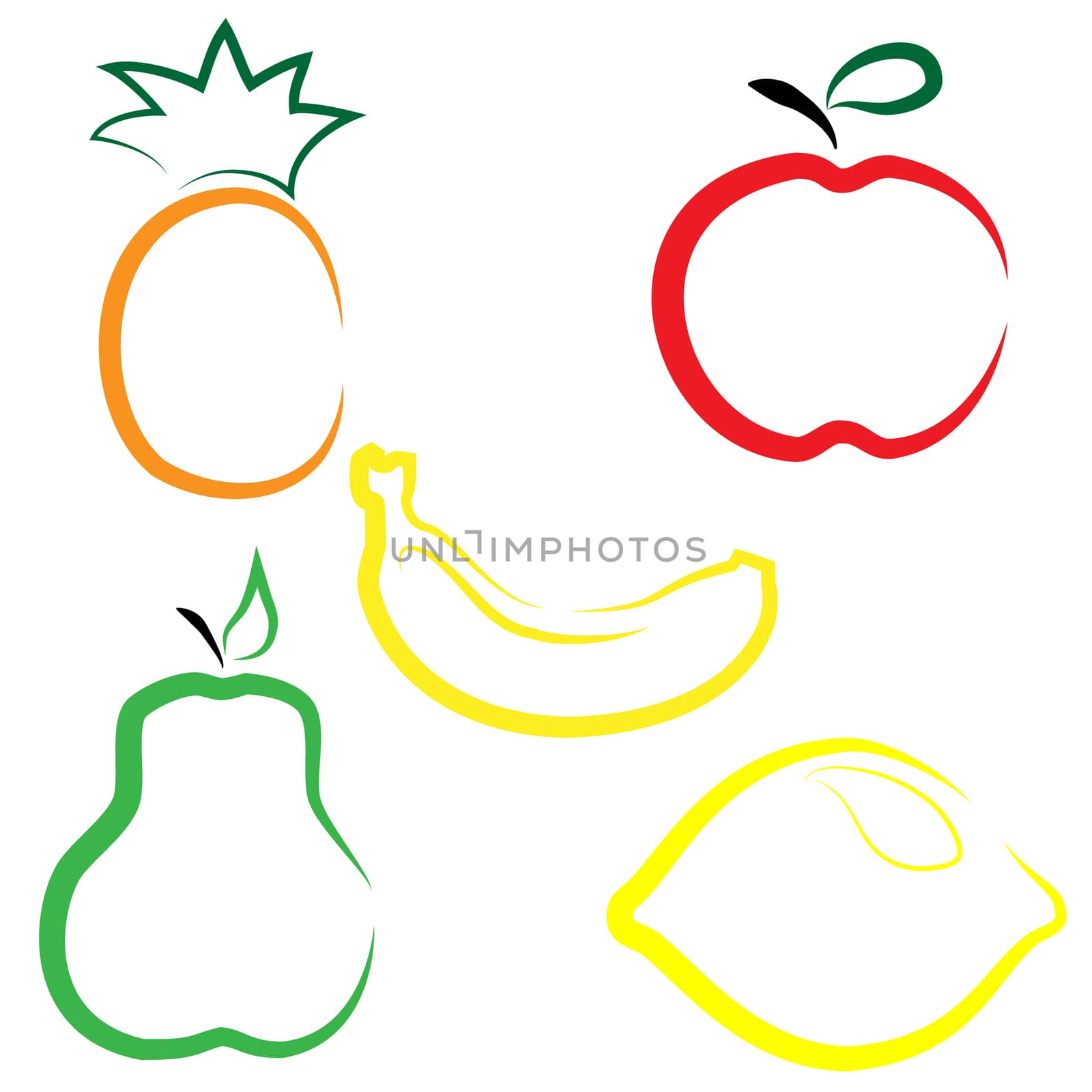 Set of different fruits. Flat icons in cartoon style on white background. Pineapple, pear, lemon, banana and apple.