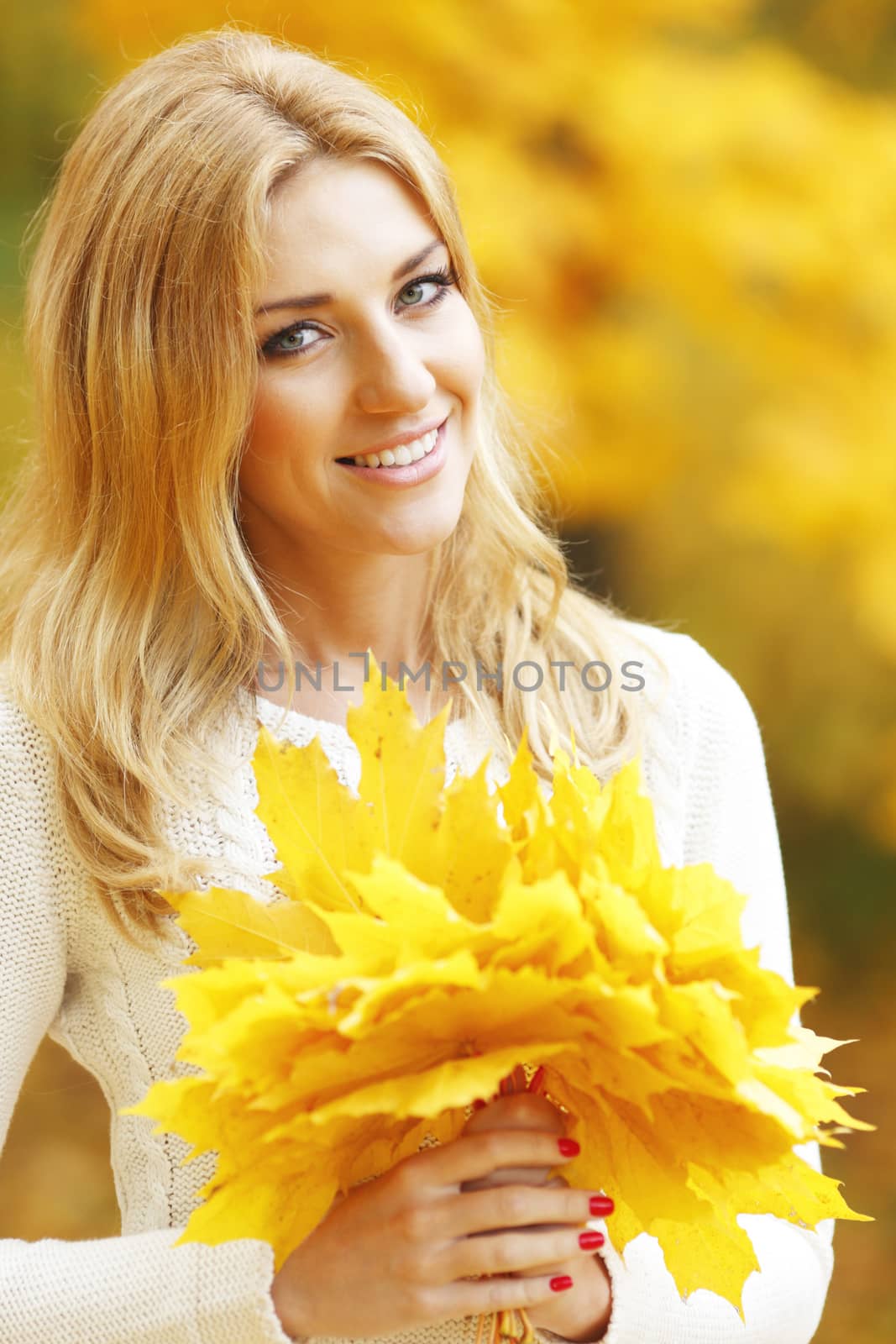 Portrait of a beautiful smiling woman in the autumn park