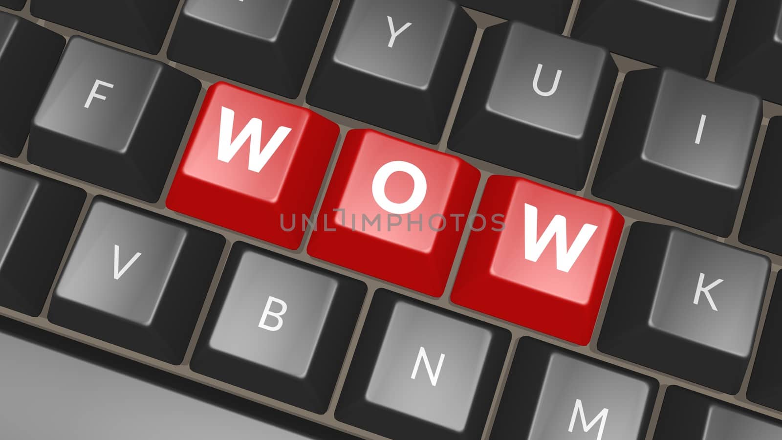 Word WOW on black keyboard. Komputer key showing the word Wow. Professional expert icon. 3D illustration