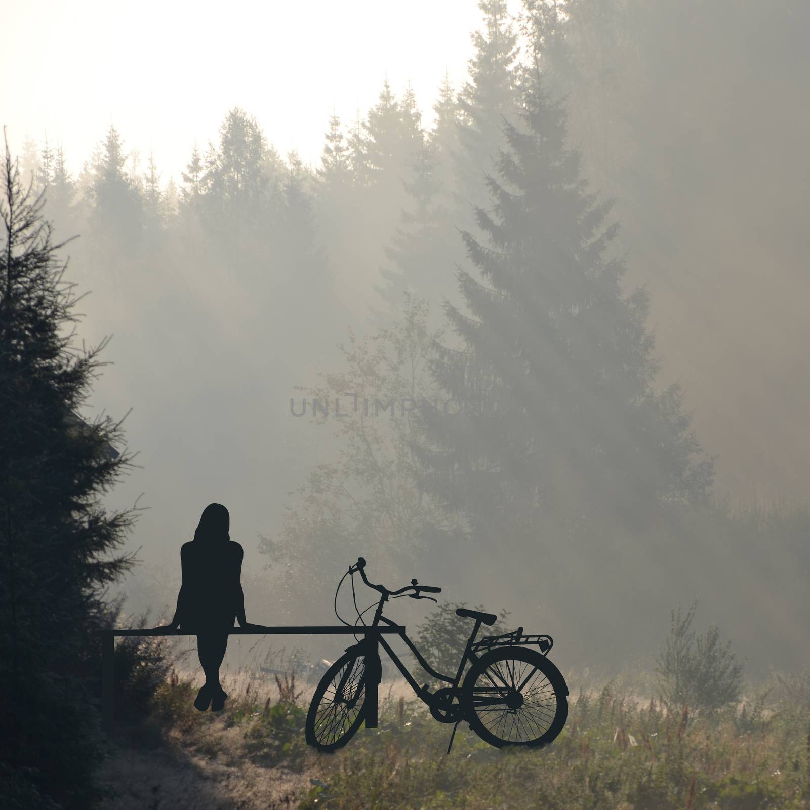 Woman with bicycle resting on a bench by hibrida13