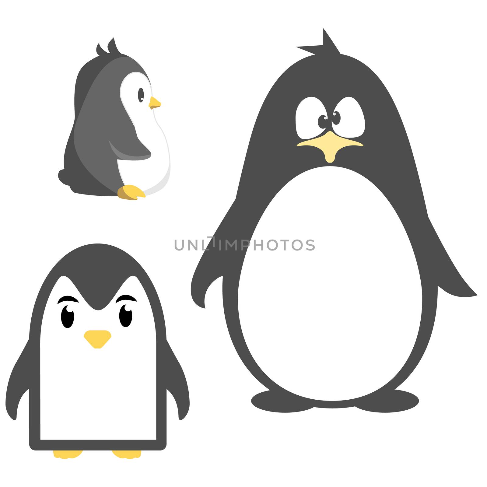 Abstract cute penguins set in cartoon style isolated on white background. Funny image illustration.
