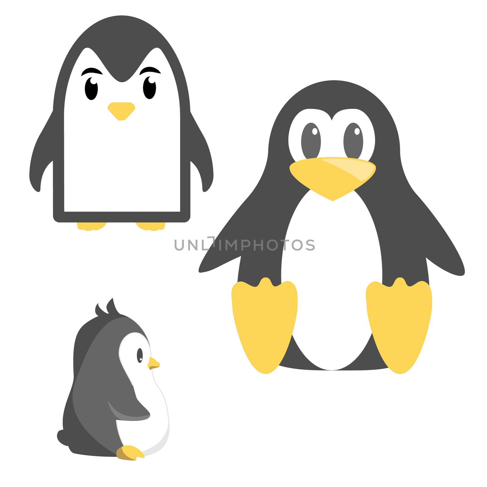 Abstract cute penguins set in cartoon style isolated on white background. Funny image illustration.