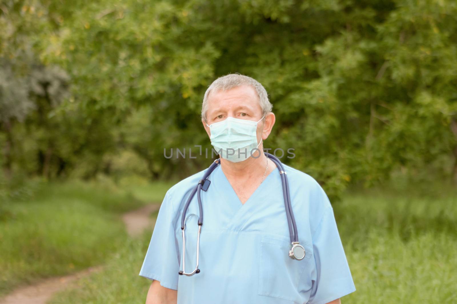 Doctor concept protection. Doctor in medical mask. Photo horizontal for your design.