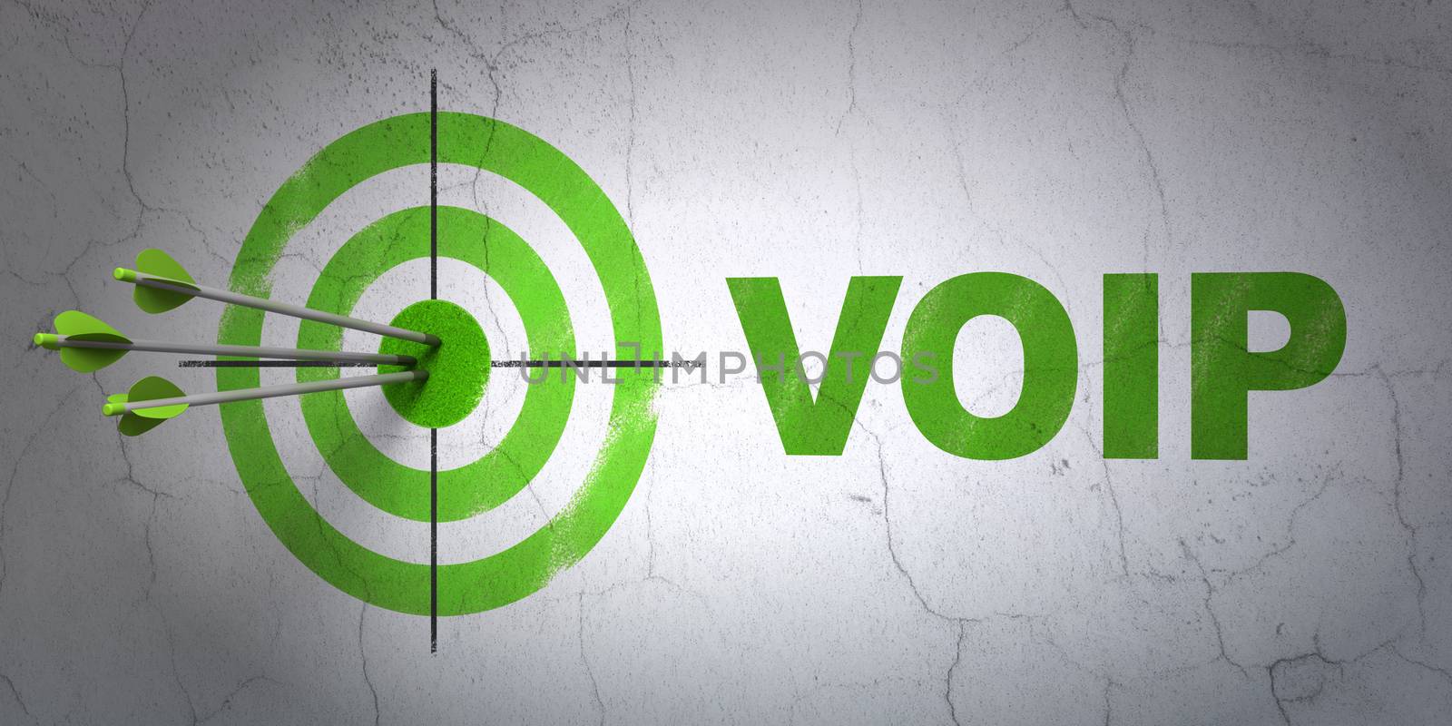 Success web development concept: arrows hitting the center of target, Green VOIP on wall background, 3D rendering