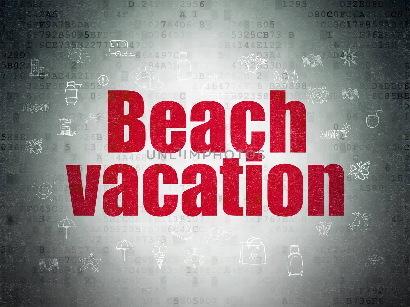 Tourism concept: Painted red text Beach Vacation on Digital Data Paper background with  Hand Drawn Vacation Icons