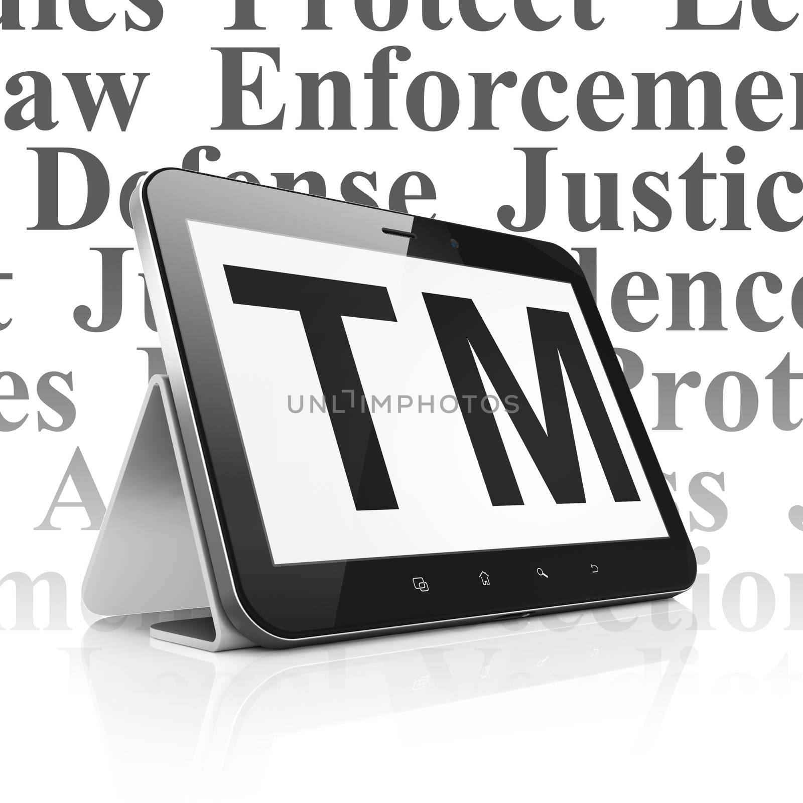 Law concept: Tablet Computer with  black Trademark icon on display,  Tag Cloud background, 3D rendering