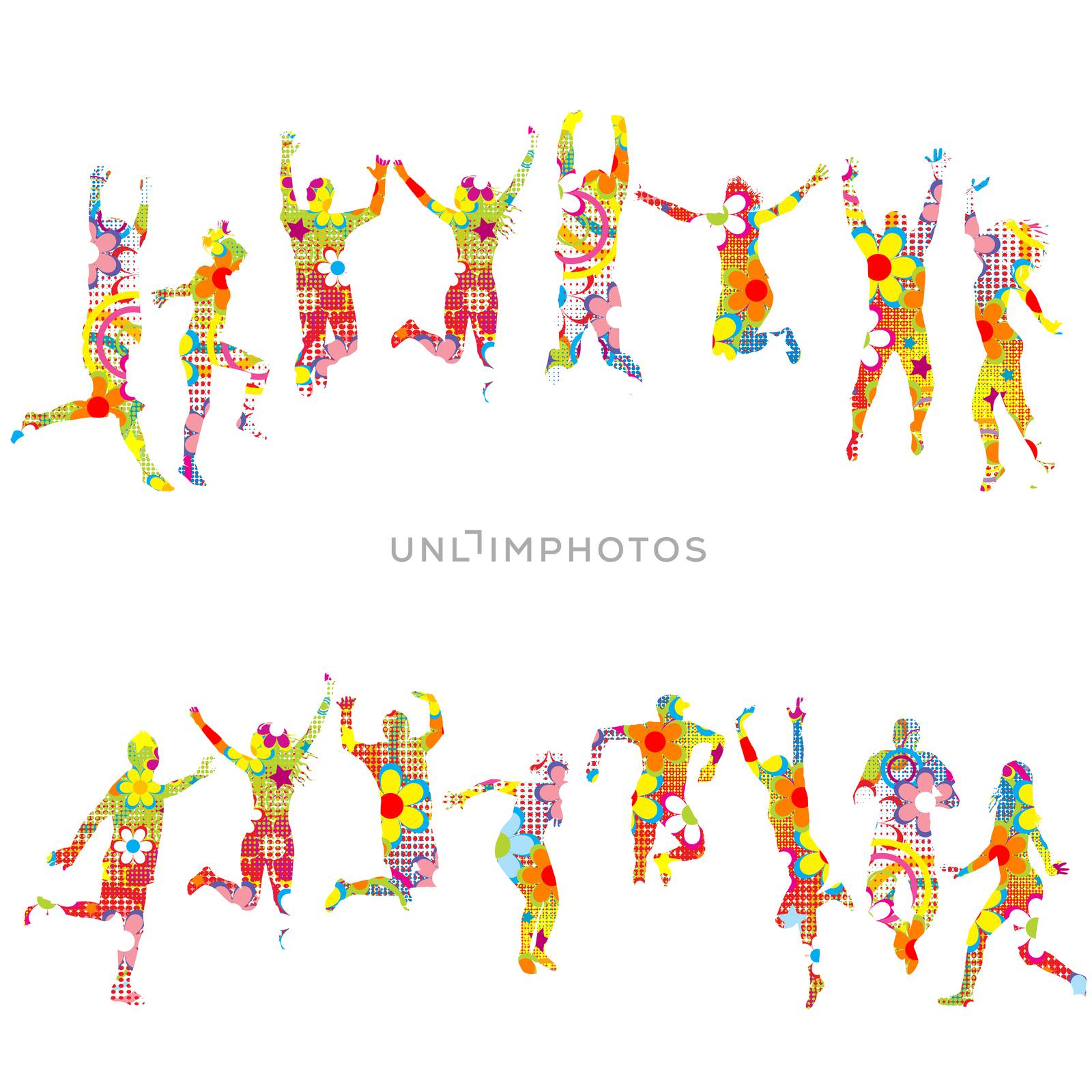 Colorful floral patterned silhouettes of jumping people by hibrida13