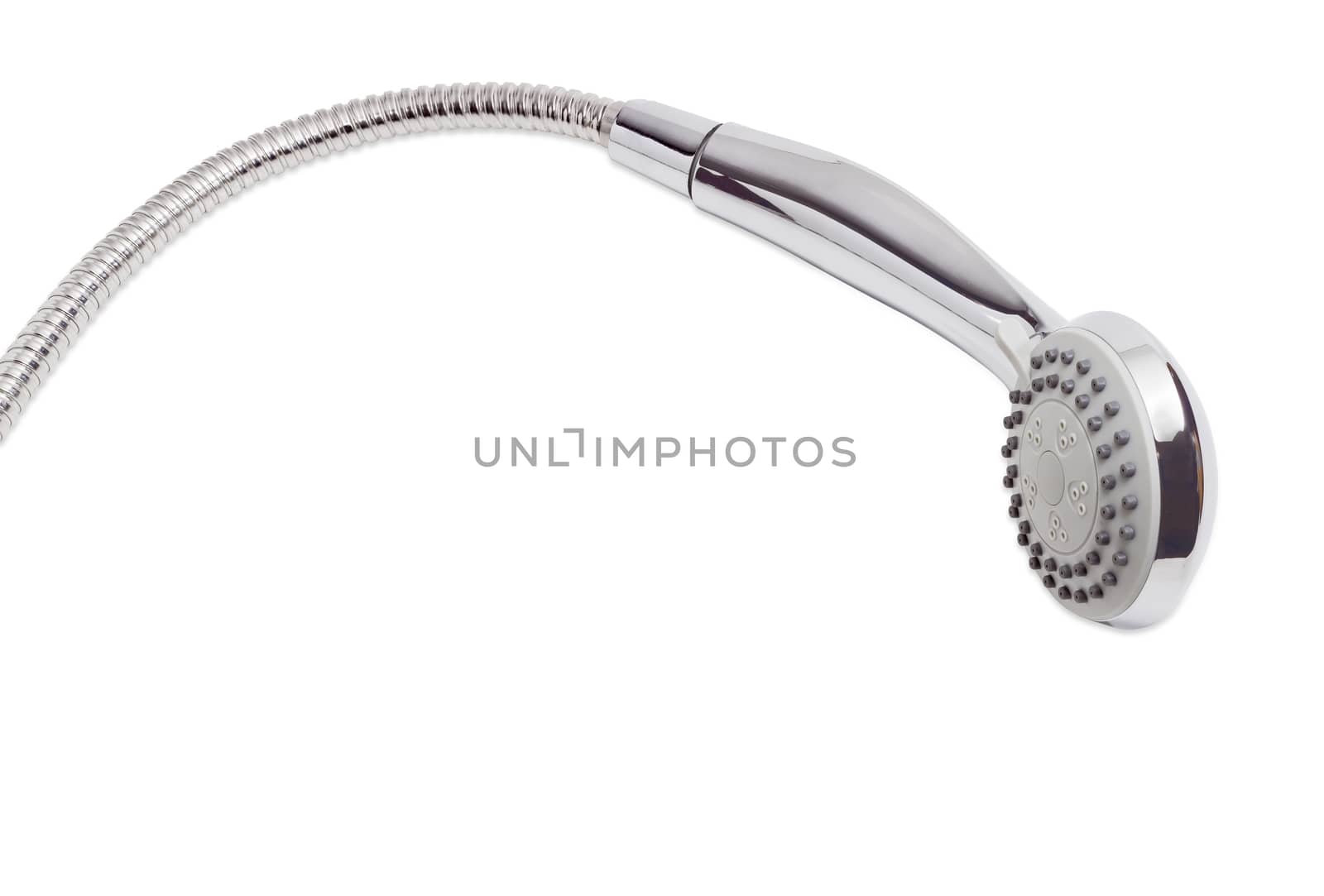 Eco shower head with the turn lever of a spray settings and metal shower hose on a white background
